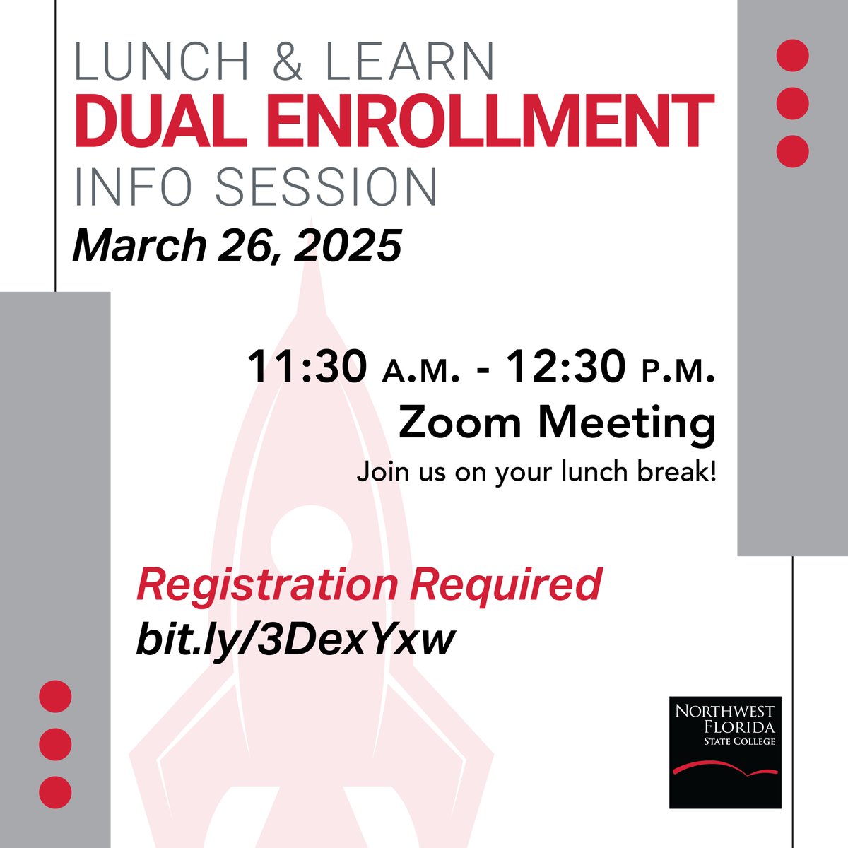 nwfstatecollege's tweet image. Reminder: 📝 Lunch &amp;amp; Learn Dual Enrollment Zoom Meeting! 

#TransformingLives | #DualEnrollment | #InfoSession