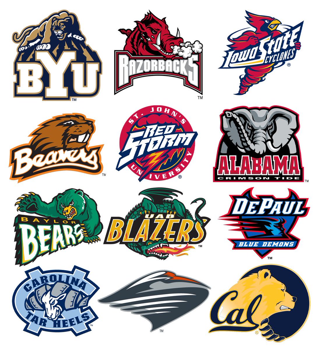 JeffDLowe's tweet photo. When you think of the late-90’s &amp; earl-2000’s, what college sports logos come to mind? These are so firmly from that era looks wise. https://t.co/uKU3kh5Z27