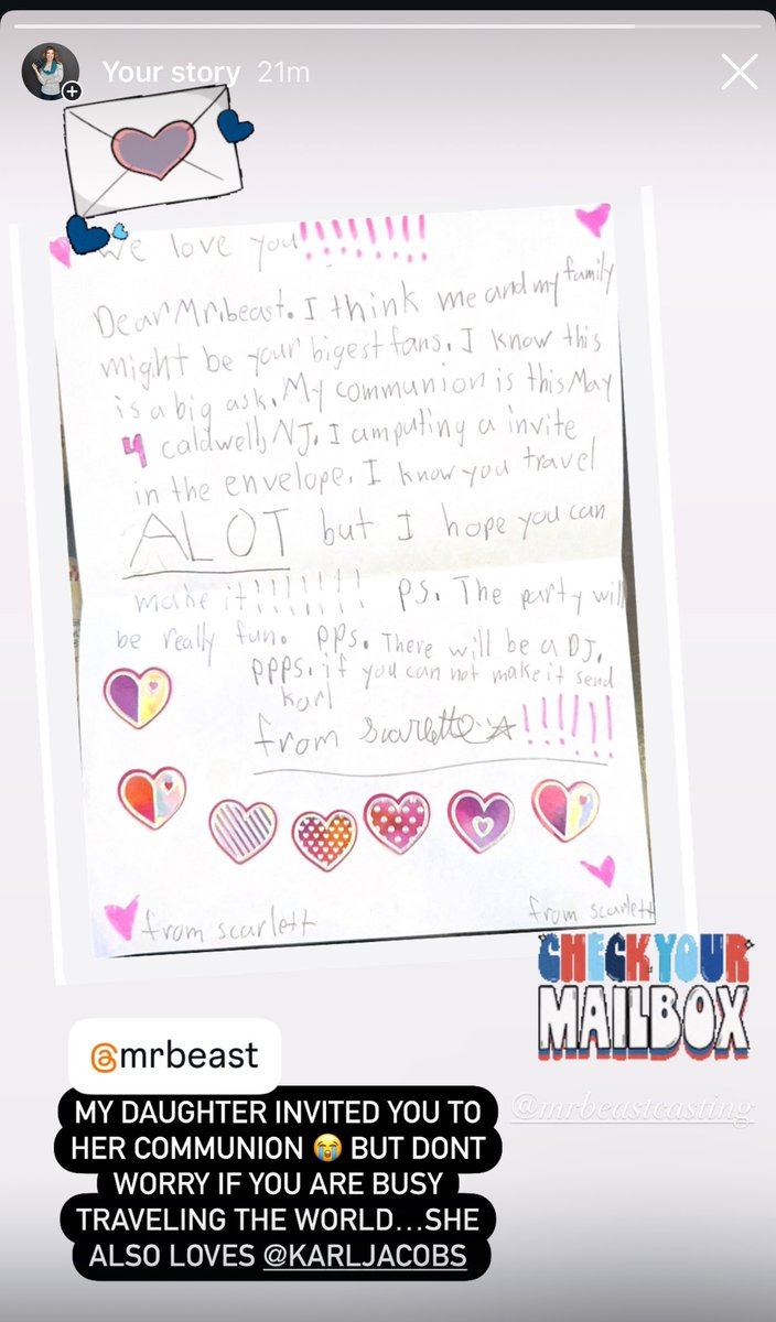 KriLaurPhotos's tweet photo. @MrBeast  My daughter Scarlett, wrote you this letter to invite you to her Communion 🥰. She watches your videos 24/7 over and over again. She’s also a big fan of @KarlJacobs_ and @MackRoesch ❤️ She loves you guys! https://t.co/cduCk3c9qf