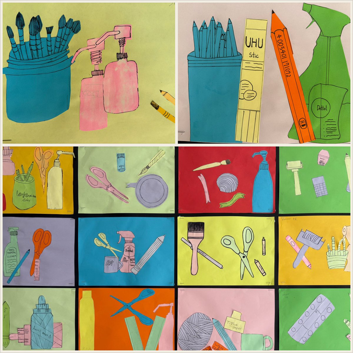 Year 4 explore #balance and #asymmetrical balance with their collages of art equipment inspired by #MichaelCraigMartin #primaryart #happyarteacher #artlearning #colourfulcollage #StudentsofGIS #GISLearning