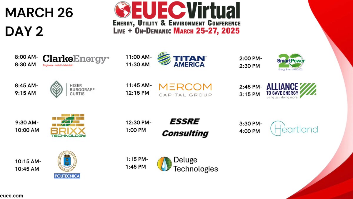 🎟️ Register FREE — even during the event!
Day 2 of #EUEC2025 starts tomorrow ⚡
Top speakers. Big ideas. Real impact.
📅 March 26 | Virtual
➡️ euec.com
#CleanTech #NetZero #Sustainability #EnergyConference #Utilities