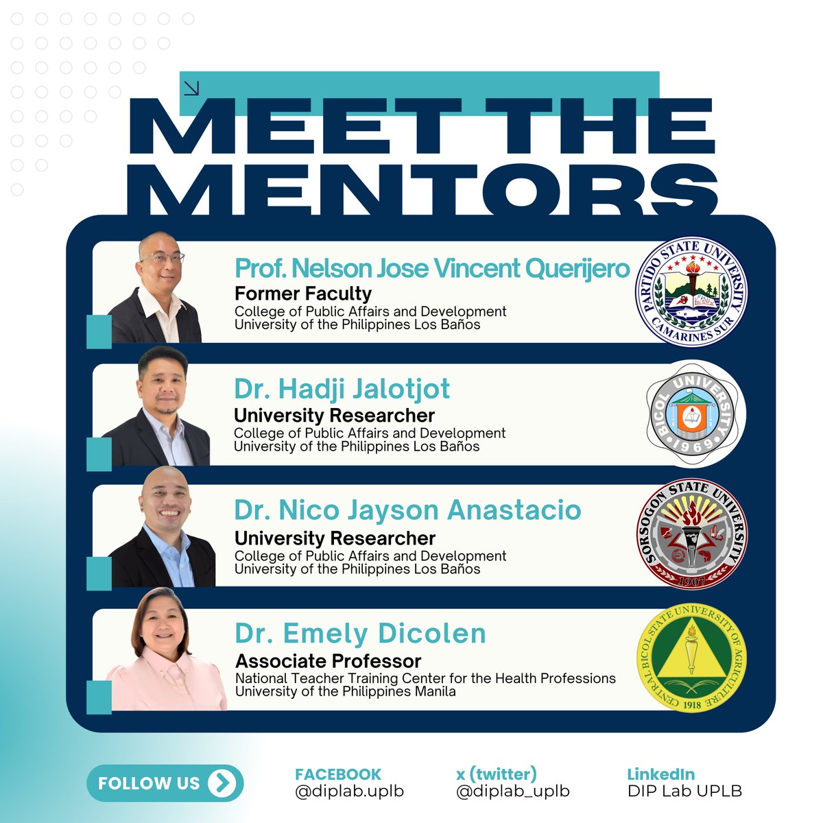 diplab_uplb's tweet photo. Meet the esteemed mentors assigned to guide the mentees in their policy research proposals! ✍️ 

#DIPLabMentoring #policyresearch #DIPLabUPLB https://t.co/qrjyDOOpSS