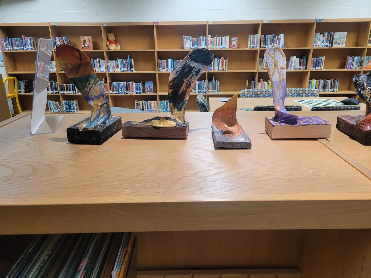 Abstract wire sculptures from Ms. Woodside's 5th grade class on display in the Library <a href="/MorrisvilleElem/">Morrisville Mustangs</a>