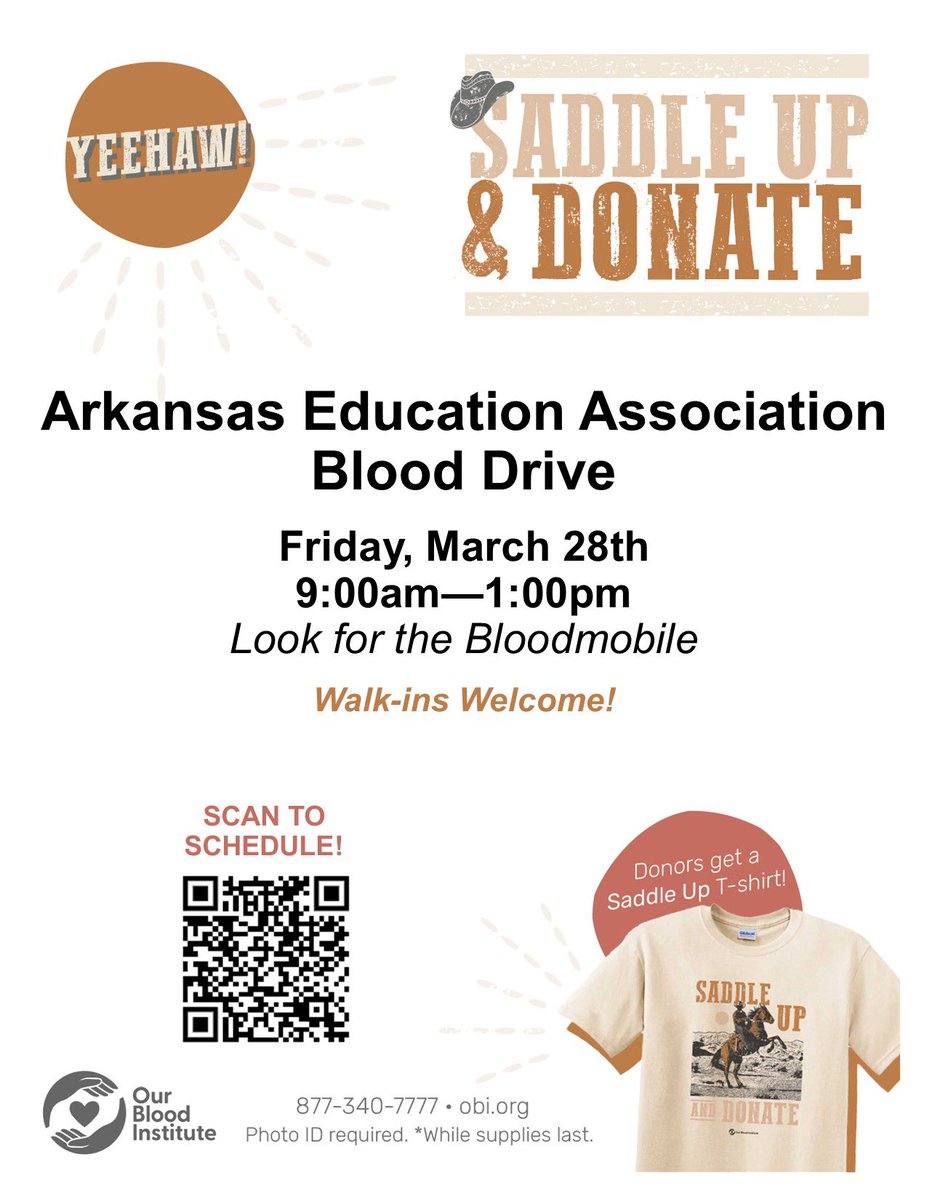 We are having a blood drive this Friday at AEA Headquarters at 1500 West 4th St in Little Rock from 9 – 1. Look for the blood mobile out in the parking lot. Sign up here: yourbloodinstitute.org/donor/schedule…