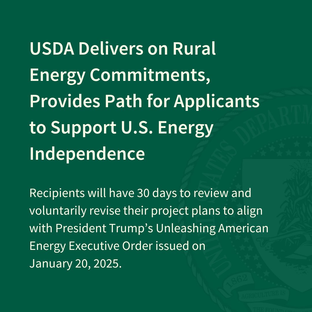 📢 USDA will release previously obligated funding under the REAP, New ERA and PACE programs. This underscores the Trump Administration's commitment to rural communities and their essential role in building a stronger, more energy secure America. usda.gov/about-usda/new…