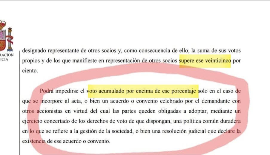 <a href="/IgnCaceres87/">Ignacio Cáceres Dastis</a> El impedimento está condicionado a que "la suma de sus votos propios y de los que manifieste en representación SUPERE ESE 25%"

Y se apostilla: el impedimento sólo cabe cuando "el voto acumulado" lo sea "por encima de ese porcentaje"

O sea, 25.867 acciones en una misma cartulina