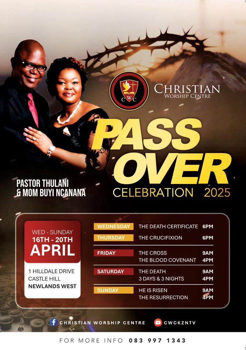CWCKZNTV's tweet image. Join us on our Passover Celebration starting from the 16th to the 20th of April at 1 Hilldale dr, Castle Hill in Newlands West, We look forward to seeing you
#cwckzn
