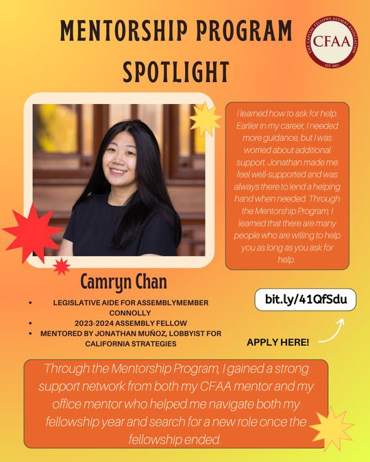 Looking to grow your career in the Capitol? 🌟 The CFAA Mentorship Program connects you with seasoned Capitol community professionals who’ve been in your shoes—ready to guide, support, and help you navigate your journey. 💡✨