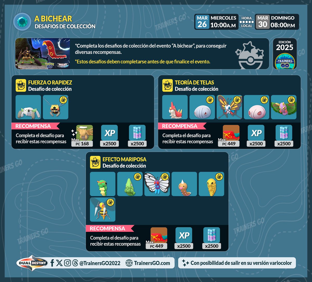 trainersgo2022's tweet photo. 🤓Trainers, ahí les dejamos las infografías de las investigaciones de campo, desafíos de colección, la investigación temporal gratuita y de $2.00 USD del evento "A Bichear" en #PokemonGO.

#pokemongoapp #niantic #nianticlabs #pgsharp #trainersgo #ipogo #MightMastery #Sizzlipede https://t.co/hbDmOAnxey