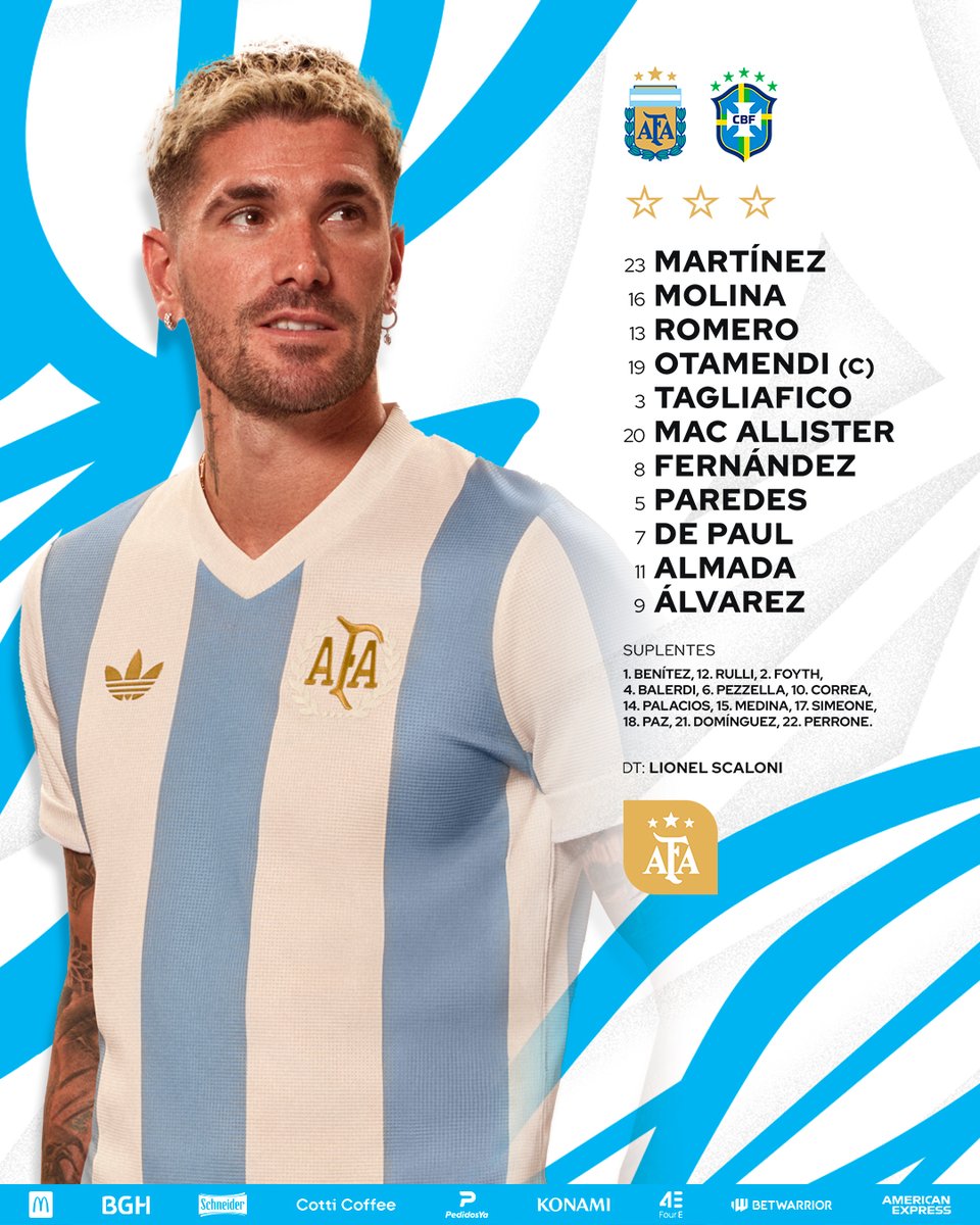 🏆 #Eliminatorias

📋 ¡Once inicial confirmado! ⚽

Así formará <a href="/Argentina/">🇦🇷 Selección Argentina ⭐⭐⭐</a> 🇦🇷 para el duelo ante #Brasil 🇧🇷 💪