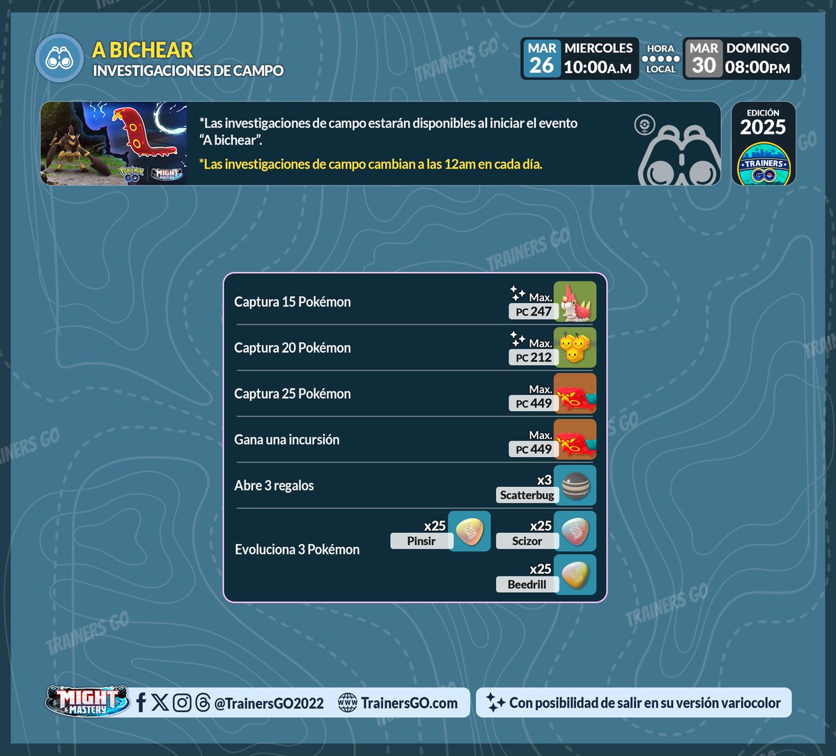 trainersgo2022's tweet photo. 🤓Trainers, ahí les dejamos las infografías de las investigaciones de campo, desafíos de colección, la investigación temporal gratuita y de $2.00 USD del evento "A Bichear" en #PokemonGO.

#pokemongoapp #niantic #nianticlabs #pgsharp #trainersgo #ipogo #MightMastery #Sizzlipede https://t.co/hbDmOAnxey