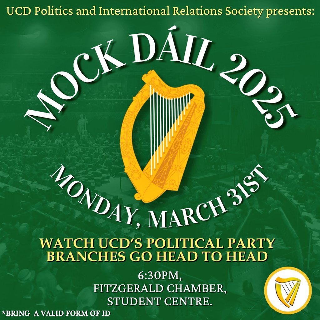 It's Mock Dáil time! We're back again THIS Monday from 6:30pm in the FitzGerald Chamber in the Student Centre! With speakers, mentors, prizes, a reception and great Ceann Comhairle, it's going to be fab! You can also sign up to be an independent speaker, link is in our bio! 🇮🇪