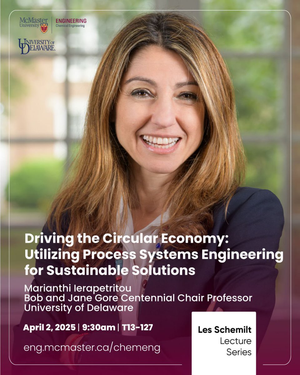 McMaster ChemEng (@mac_chemeng) on Twitter photo β»οΈ Engineering sustainable solutions!
On April 2, Dr. Marianthi Ierapetritou (<a href="/UDelaware/">Univ. of Delaware</a>) delivers the #LesSchemilt Lectureship on:
πΉ AI & process systems engineering for sustainability
πΉ Circular economy solutions in manufacturing
πΉ Plastics upcycling & biomass conversion β»οΈ Engineering sustainable solutions!
On April 2, Dr. Marianthi Ierapetritou (<a href="/UDelaware/">Univ. of Delaware</a>) delivers the #LesSchemilt Lectureship on:
πΉ AI & process systems engineering for sustainability
πΉ Circular economy solutions in manufacturing
πΉ Plastics upcycling & biomass conversion