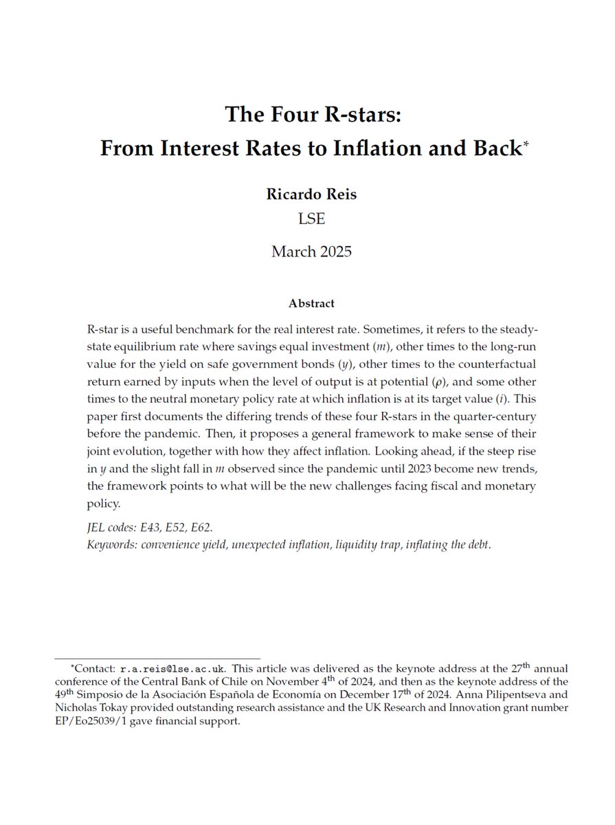 Very insightful!

"The Four R-stars: From Interest Rates to Inflation and Back" by Ricardo Reis

"R-star is a useful benchmark for the real interest rate. Sometimes, it refers to the steady-state equilibrium rate where savings equal investment (m), other times to the long-run
