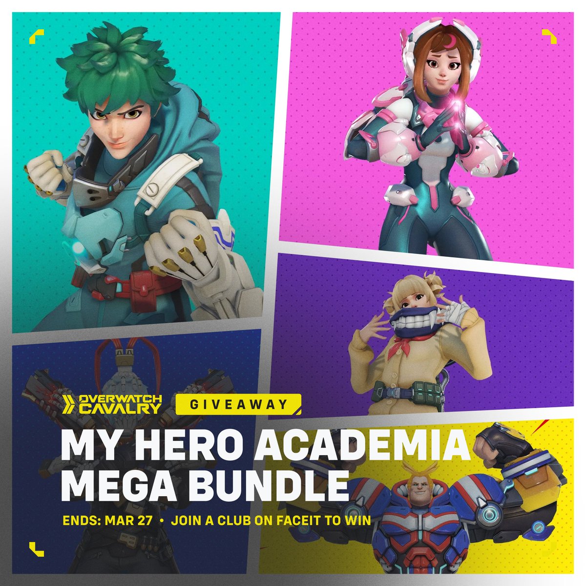 OWCavalry's tweet photo. 🌟 MHA Mega Bundle Giveaway 🌟

Win the My Hero Academia skins in #Overwatch2!

1️⃣ Create an account on FACEIT
2️⃣ Select OW2 &amp; Connect your @battlenet
3️⃣ Apply, join, or create a club on FACEIT
4️⃣ Drop a screenshot below with proof

🏫 Get Started: https://t.co/i2AmwPNcYS https://t.co/EYQNWwuWMV