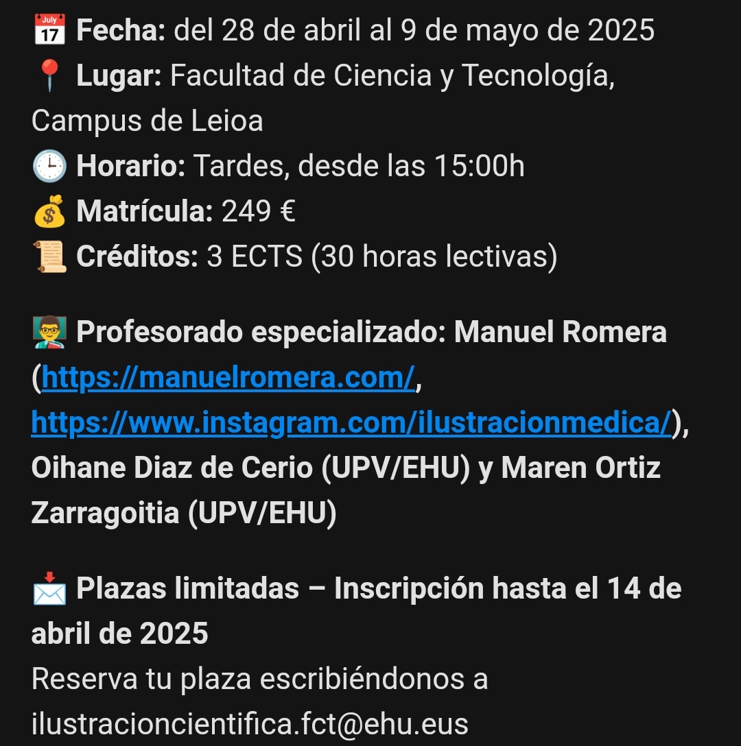 Nuevo curso de extensión universitaria: ILUSTRACIÓN MÉDICA E HISTOLÓGICA. 🏥🎨

Aprenderás a representar la anatomía humana, procesos fisiológicos y estructuras histológicas.

Cúrsalo de manera independiente 👇
ehu.eus/es/web/ilustra…
<a href="/ztf_fct/">ZTF-FCT</a> <a href="/upvehu/">UPV/EHU</a>