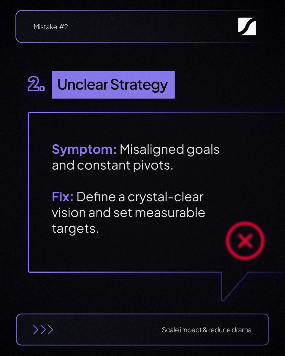 ScaleUpWithGI's tweet photo. Are you making any of these 5 mistakes that kill your growth—and your company’s? 🚫📉

1. Micromanaging instead of delegating
2. Lacking a clear strategy
3. Failing to establish strong core values
4. Poor cash management
5. Inefficient execution

Identifying them is just the firs https://t.co/8HS0IuM2nR