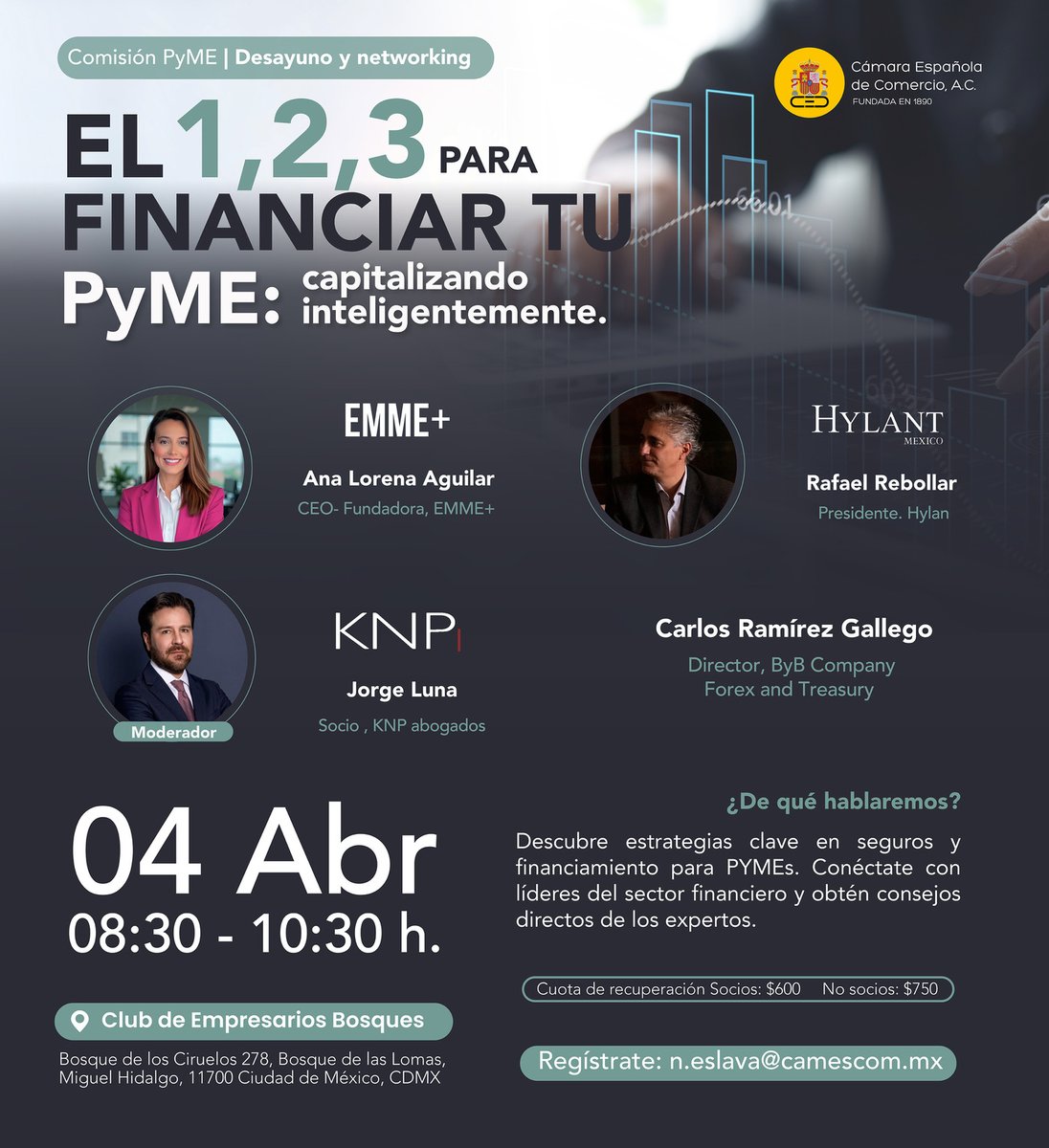 camescommx's tweet photo. Este 4 de abril, te invitamos a un encuentro exclusivo, donde líderes del sector financiero compartirán estrategias clave en seguros y financiamiento para PyMEs.

📍 Club de Empresarios Bosques
Socios: $600 MXN | No socios: $750 MXN
📧 Regístrate: n.eslava@camescom.mx https://t.co/sQxDzjMfsK