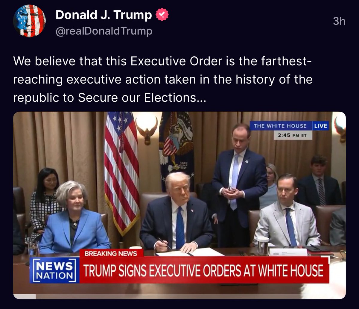 CADAmerican's tweet image. 🚨Trump Signs Historic Executive Order to Secure Elections!

Donald Trump just signed what he calls the “farthest-reaching executive action” in U.S. history to protect our elections.

This should’ve happened long ago!