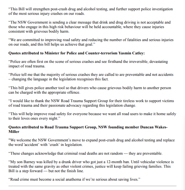 rtsgnsw's tweet photo. NSW Gov introduces new road safety Bill:
- Mandatory drug & alcohol testing after serious crashes
- Replaces “accident” with “crash” in law
Duncan Wakes-Miller, who lost his son to a drunk driver, writes: https://t.co/DlQntcgUZW
#RoadSafety #RTSG #TowardZero https://t.co/s4b4USBSOr