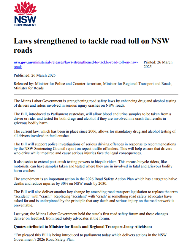 rtsgnsw's tweet photo. NSW Gov introduces new road safety Bill:
- Mandatory drug & alcohol testing after serious crashes
- Replaces “accident” with “crash” in law
Duncan Wakes-Miller, who lost his son to a drunk driver, writes: https://t.co/DlQntcgUZW
#RoadSafety #RTSG #TowardZero https://t.co/s4b4USBSOr