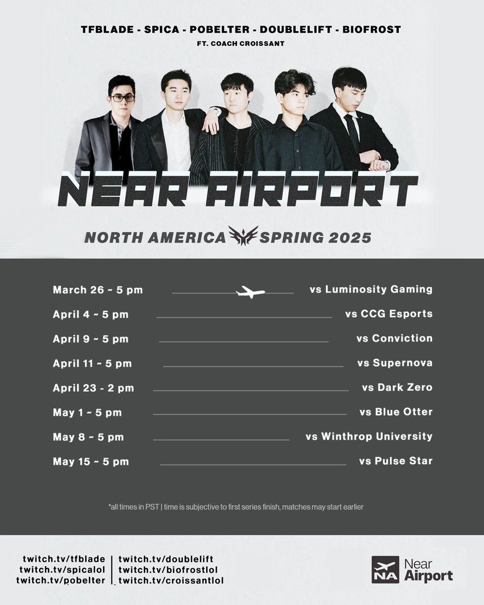 Near Airport (@nearairportgg) on Twitter photo Our NACL Spring Tour takes off tomorrow!! ✈️
Playing on a twitch channel near you <a href="/Doublelift1/">Yiliang Peng</a> <a href="/Pobelter/">Eugene Park</a> <a href="/Spicalol/">Spica</a> <a href="/Biofrostlol/">Vincent</a> <a href="/RealTFBlade/">Ashkan Homayouni</a> <a href="/CroissantLoL/">Chris</a> Our NACL Spring Tour takes off tomorrow!! ✈️
Playing on a twitch channel near you <a href="/Doublelift1/">Yiliang Peng</a> <a href="/Pobelter/">Eugene Park</a> <a href="/Spicalol/">Spica</a> <a href="/Biofrostlol/">Vincent</a> <a href="/RealTFBlade/">Ashkan Homayouni</a> <a href="/CroissantLoL/">Chris</a>