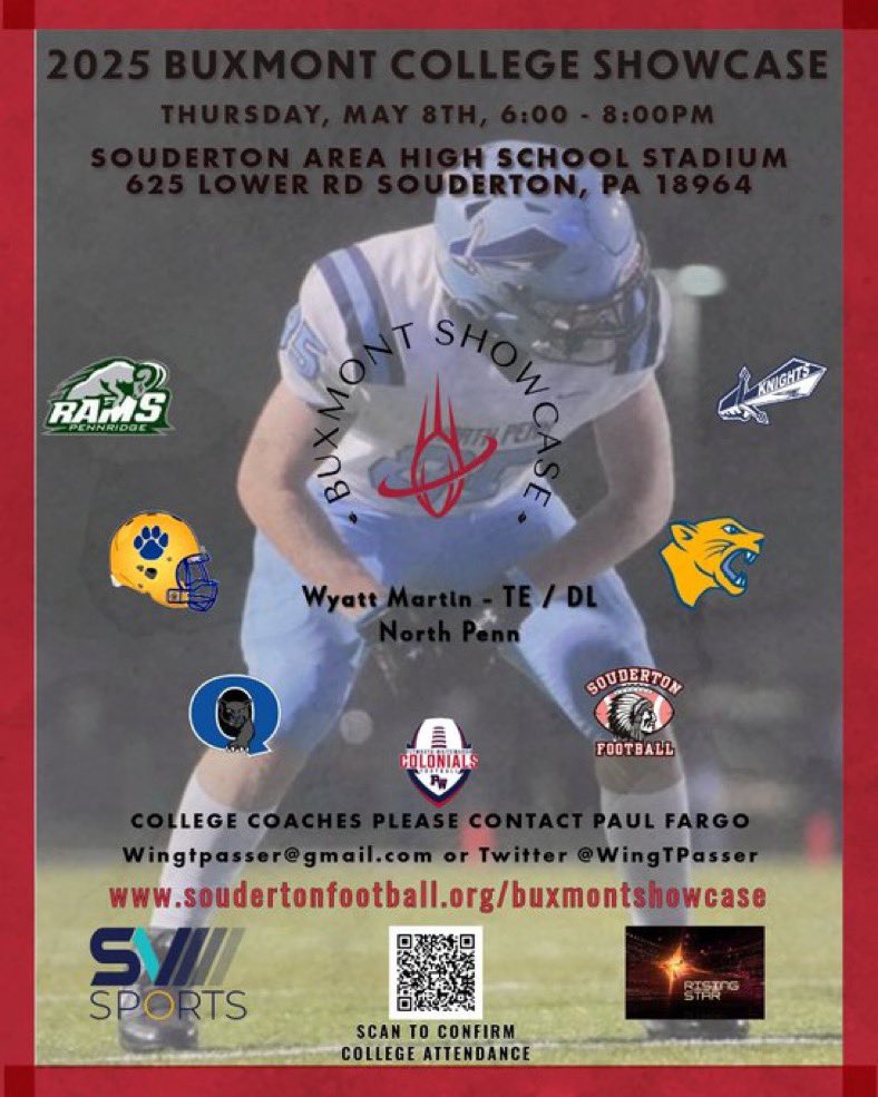 Wyatt Martin (@wyattmartin2026) on Twitter photo Blessed to receive the invitation to the 2025 BUXMONT Showcase on Thursday, May 8th! Looking forward to showing off my abilities with other top players in the area. soudertonfootball.org/buxmontshowcase
<a href="/PARisingStar/">PA Rising Star</a>
<a href="/svsports/">SV Sports</a>
@PRZPAvic
<a href="/PaulRobertsCuse/">Paul Roberts</a>
<a href="/ArtisticMayhem1/">Michael Pietrangelo</a>
<a href="/BadgleyBruce/">Bruce Badgley</a> Blessed to receive the invitation to the 2025 BUXMONT Showcase on Thursday, May 8th! Looking forward to showing off my abilities with other top players in the area. soudertonfootball.org/buxmontshowcase
<a href="/PARisingStar/">PA Rising Star</a>
<a href="/svsports/">SV Sports</a>
@PRZPAvic
<a href="/PaulRobertsCuse/">Paul Roberts</a>
<a href="/ArtisticMayhem1/">Michael Pietrangelo</a>
<a href="/BadgleyBruce/">Bruce Badgley</a>