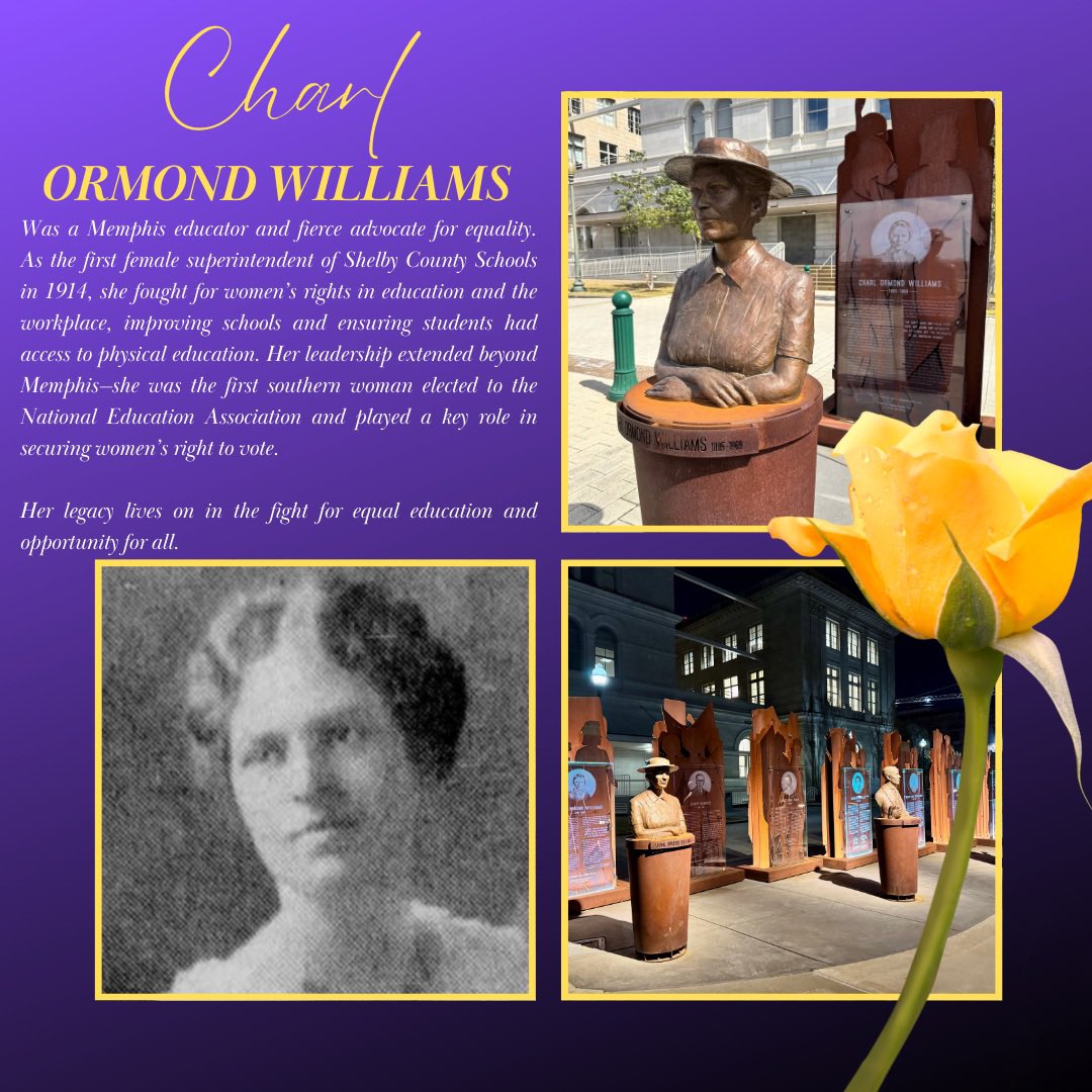 This Women’s History Month, we celebrate Charl Ormond Williams. Learn more about her by visiting the Memphis Suffrage Monument: Equality Trailblazers 

#WomensHistoryMonth #MemphisHeritage #EqualityInEducation
