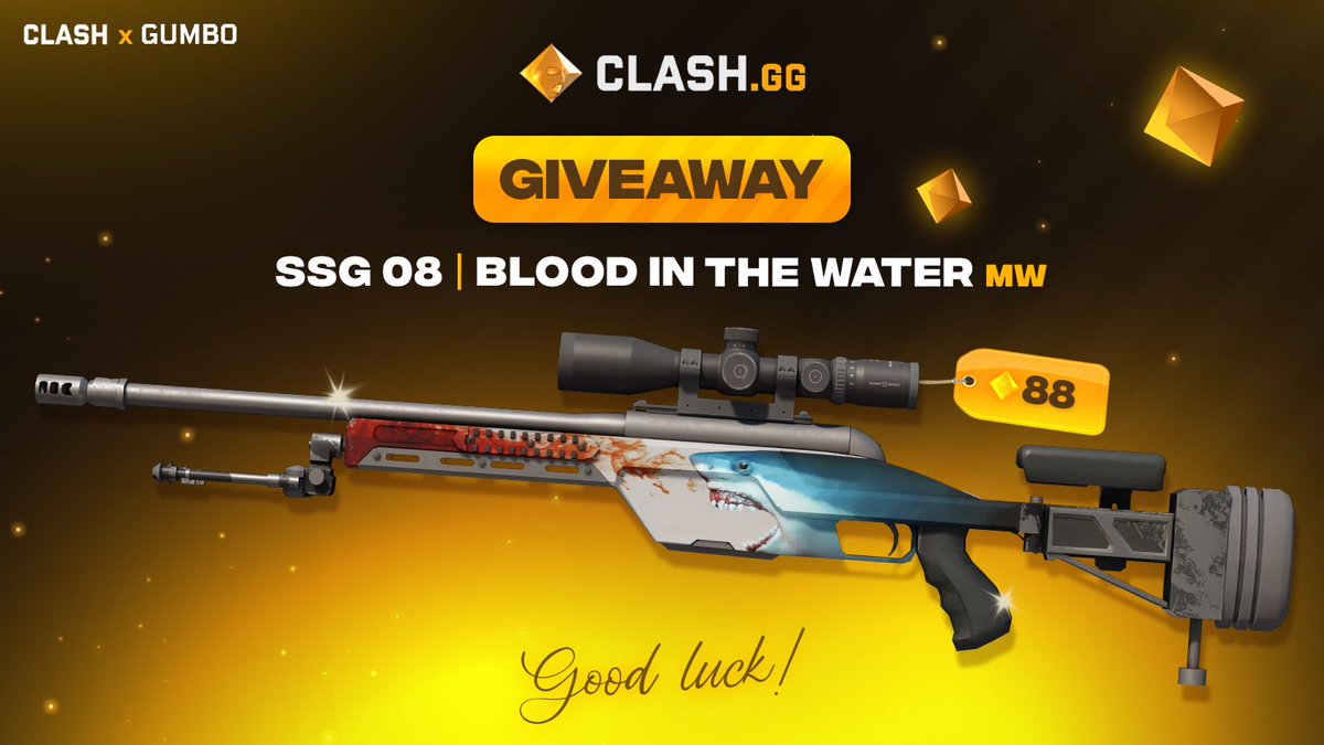 🔶 SSG BLOOD IN THE WATER (MW)  | GIVEAWAY! ($100+) 🔶

Steps to join 👇 
✅ Follow <a href="/GumboGamble/">Gumbo</a> &amp; <a href="/clashdotgg/">ClashGG</a> 
✅ Retweet + Like
✅ Tag 2 friends