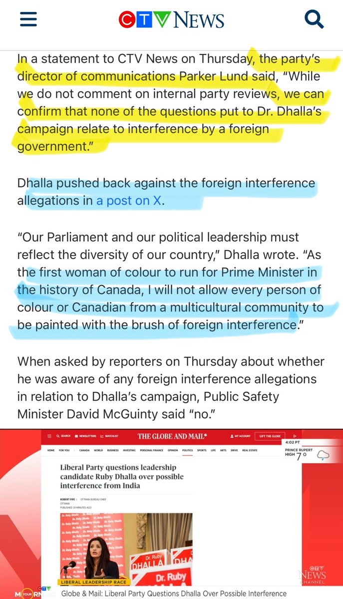 DhallaRuby's tweet image. A glimpse into the play book of the  @liberal_party establishment ... 

Whenever someone threatens @MarkJCarney&apos;s coronation, the &quot;foreign interference&quot; accusations mysteriously appear on the front page at the Globe &amp;amp; then @CBCNews. 

First, they did it to people of color. Now,…