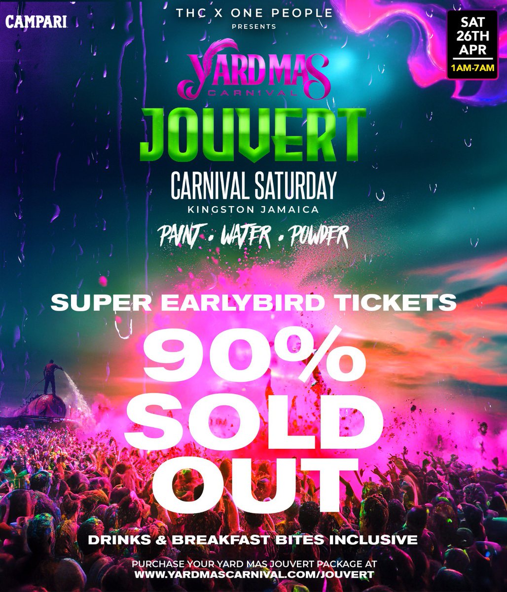 🚨 SUPER EARLY BIRDS 90% SOLD OUT! 🚨 

Get your Yard Mas J’Ouvert tix now! 🎟️ Paint, water, powder &amp; vibes! yardmascarnival.com/jouvert