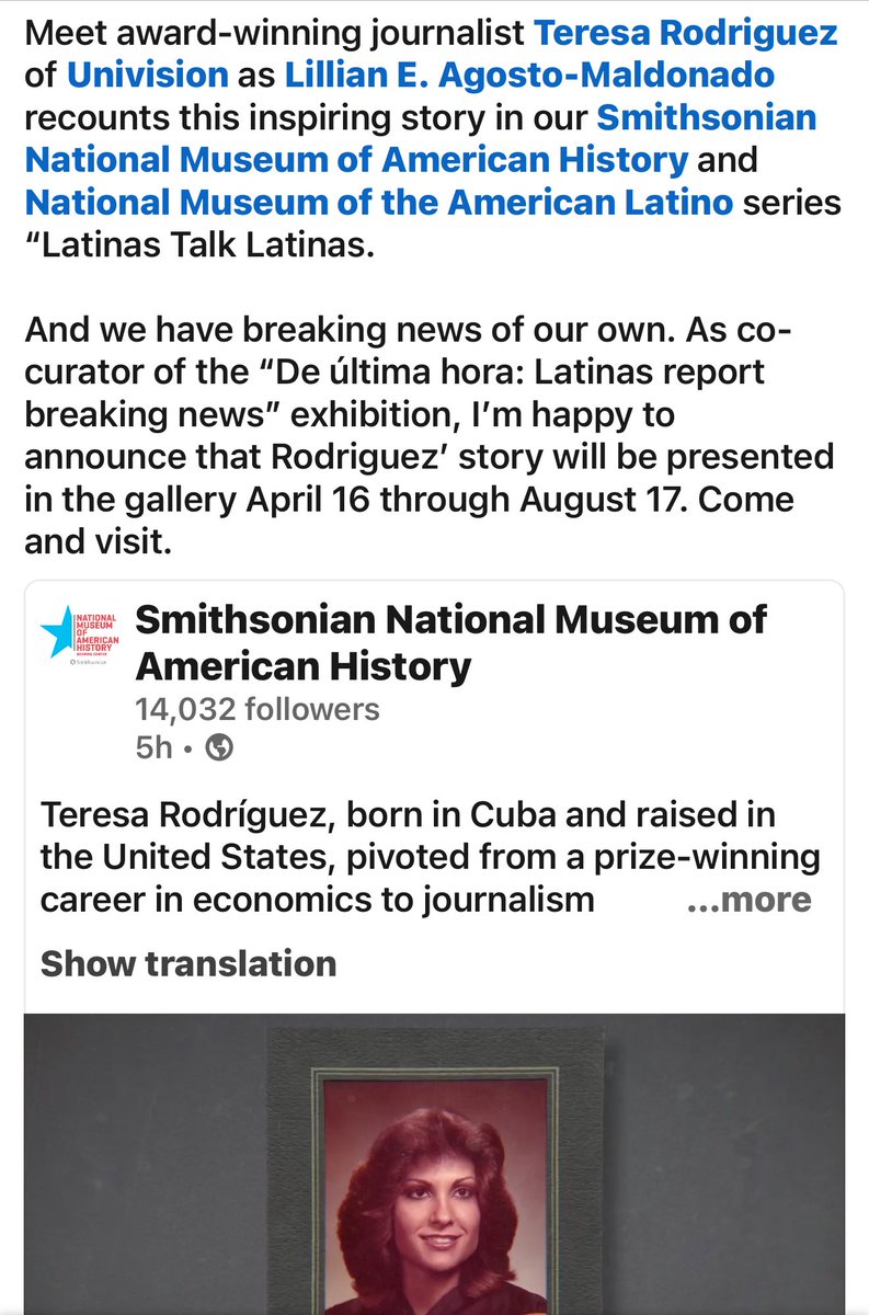Teresa Rodriguez (@tererodrigueztv) on Twitter photo I am so honored to share this - thank you <a href="/smithsonian/">Smithsonian</a> and <a href="/americanhistory/">American History</a> #Latinas Talk Latinas” My exhibit is up April 16!!! #washingtondc I am so honored to share this - thank you <a href="/smithsonian/">Smithsonian</a> and <a href="/americanhistory/">American History</a> #Latinas Talk Latinas” My exhibit is up April 16!!! #washingtondc