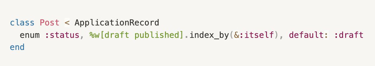 In the writebook code I found the pattern of using index_by(&amp;:itself) to declare enums stored as strings… I have been using it a lot
