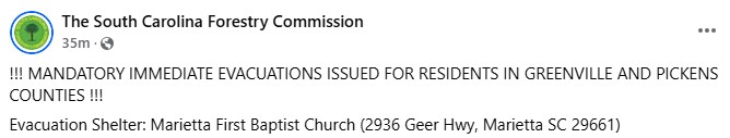 NWSGSP's tweet image. Mandatory immediate evacuations have been issued for residents in Greenville and Pickens Counties. Please heed all evacuation orders and refer to local officials for more information. This is for ongoing wildfires.

For more information: facebook.com/share/p/1Bf12H………   

#scwx