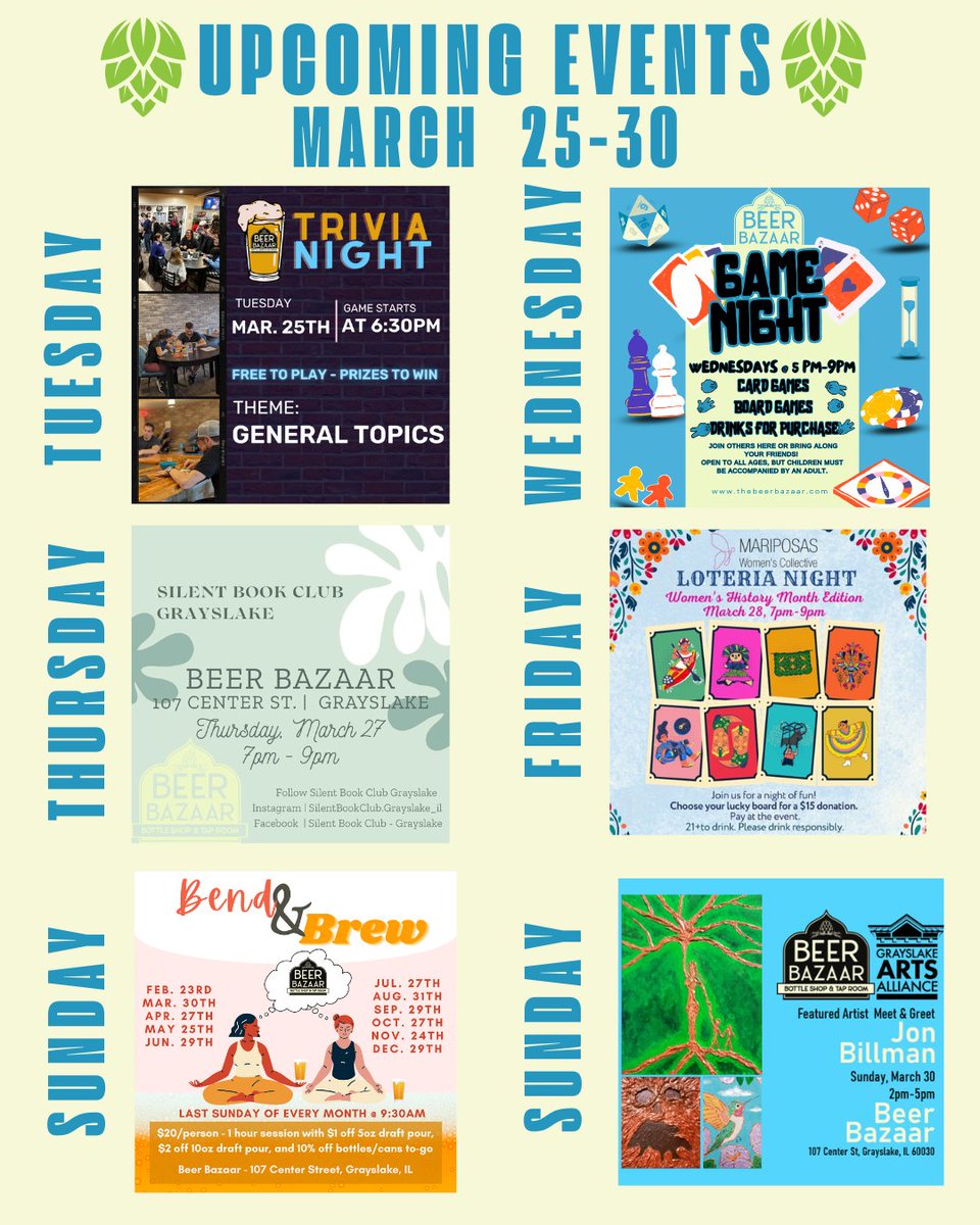 Beer Bazaar this week! 🍻
Wed 5-9pm: Game Night
Thu 7-9pm: Silent Book Club
Fri 7-9pm: Loteria Fundraiser
Sun 9:30am: Bend &amp; Brew Yoga ($20)
Sun 2-5pm: Jon Billman Art Meet &amp; Greet
Which are you hitting up? 
#Grayslake #events #beerbazaar #thebeerbazaar #LCLibationTrail