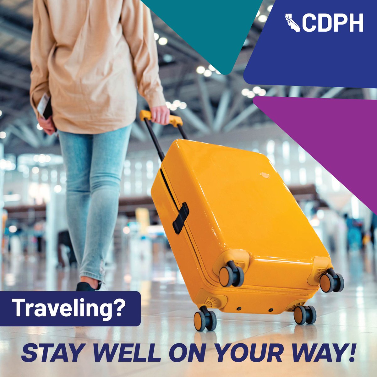CAPublicHealth's tweet photo. Traveling this spring? Reduce your risk of catching COVID-19, flu and RSV.
-Get your vaccines
-Wear a mask in indoor spaces
-Wash your hands
-Don’t travel if you’re sick
📱 Learn more: https://t.co/RoiHMSVH92
#SlowTheSpread https://t.co/7O6YUL1xU7
