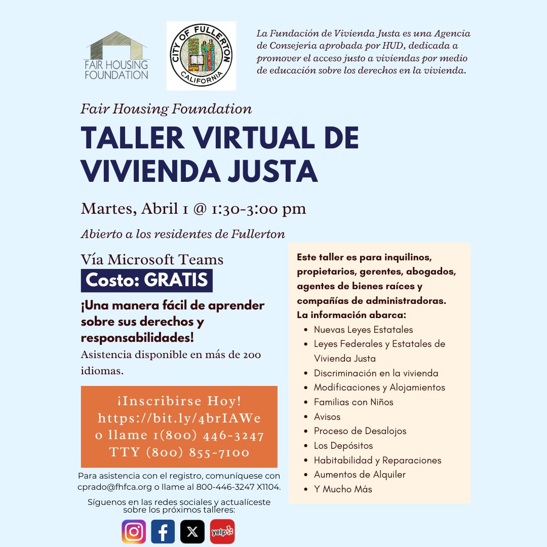 FairHousingFoun's tweet image. City of Fullerton residents! Our Virtual Fair Housing Workshop is next week, April 1, at 1:30 PM via Zoom. Registration is free and is open to the public! Register at bit.ly/4brIAWe #fairhousing #fullerton #education #rent #workshop