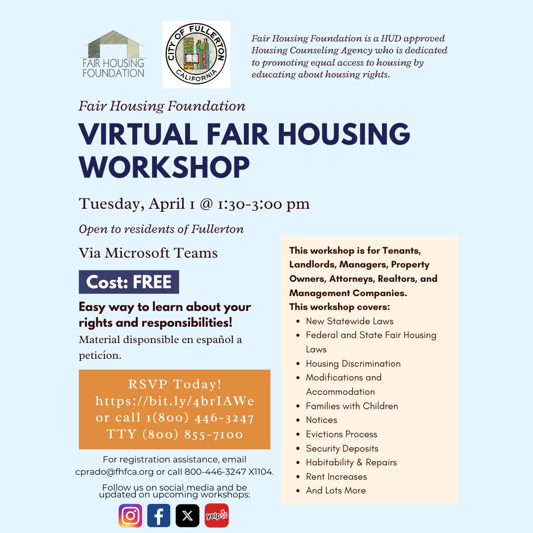 FairHousingFoun's tweet image. City of Fullerton residents! Our Virtual Fair Housing Workshop is next week, April 1, at 1:30 PM via Zoom. Registration is free and is open to the public! Register at bit.ly/4brIAWe #fairhousing #fullerton #education #rent #workshop