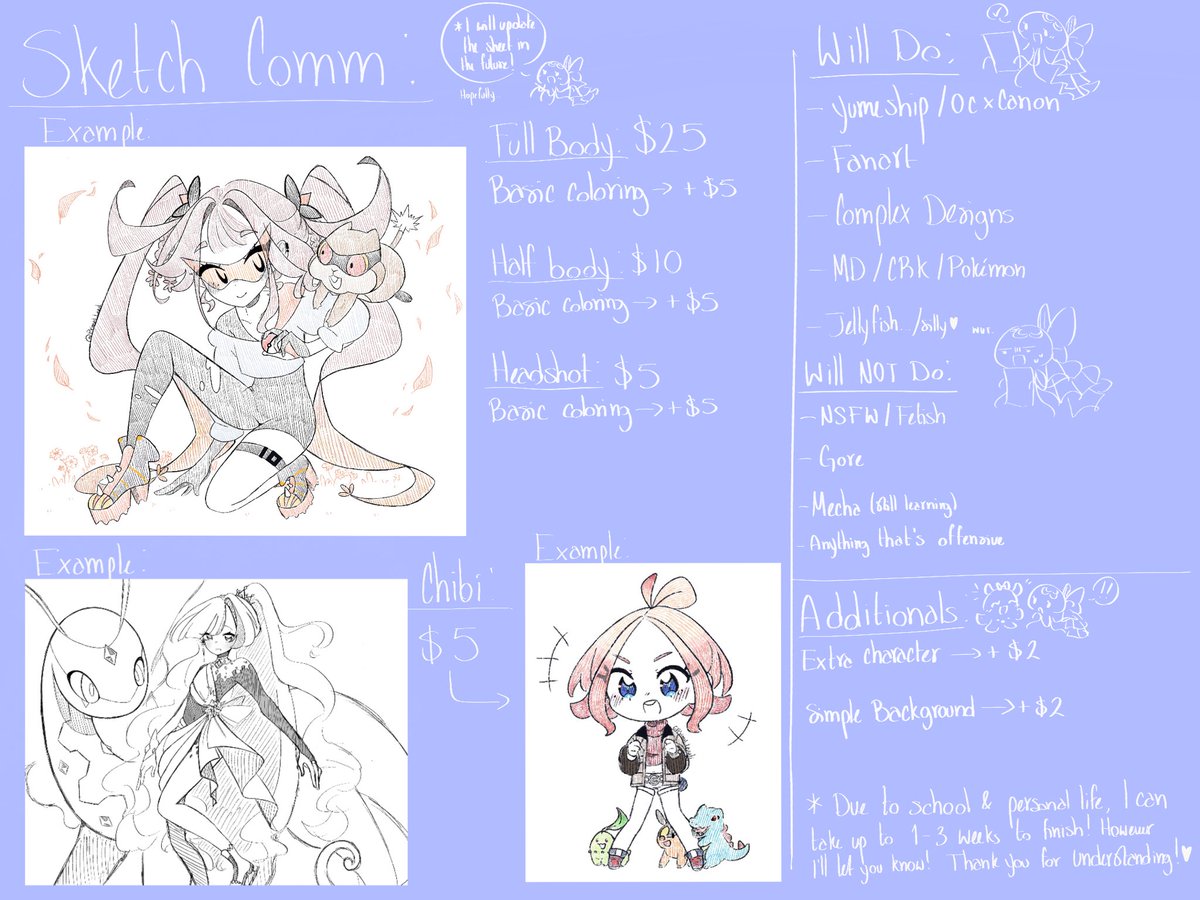 Primal_Lazuli's tweet photo. Hihi my fellow Jellydonut Nation!! I bring to you my Sketch C0mm sheet!! (This is temporary I promise I’ll make it better🫡)

I’ll probably open only 2-3 slots as of now!!🫶✨✨✨ https://t.co/tRp09f6VBl