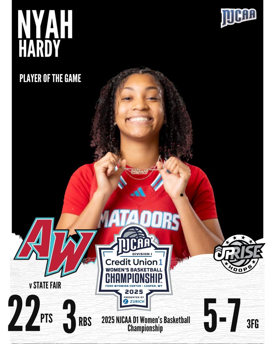 Uprise Hoops (@uprise_hoops) on Twitter photo PLAYER OF THE GAME
📈 <a href="/nyah_hardy/">Nyah Hardy</a> of Arizona Western College
22pts
5-7 from 3
3 rbs
to lead the team to a first round win.
Arizona Western advances to #sweetsixteen of NJCAA Women’s Division 1 Basketball Championship tournament.
#wbb #njcaabasketball #round2 PLAYER OF THE GAME
📈 <a href="/nyah_hardy/">Nyah Hardy</a> of Arizona Western College
22pts
5-7 from 3
3 rbs
to lead the team to a first round win.
Arizona Western advances to #sweetsixteen of NJCAA Women’s Division 1 Basketball Championship tournament.
#wbb #njcaabasketball #round2