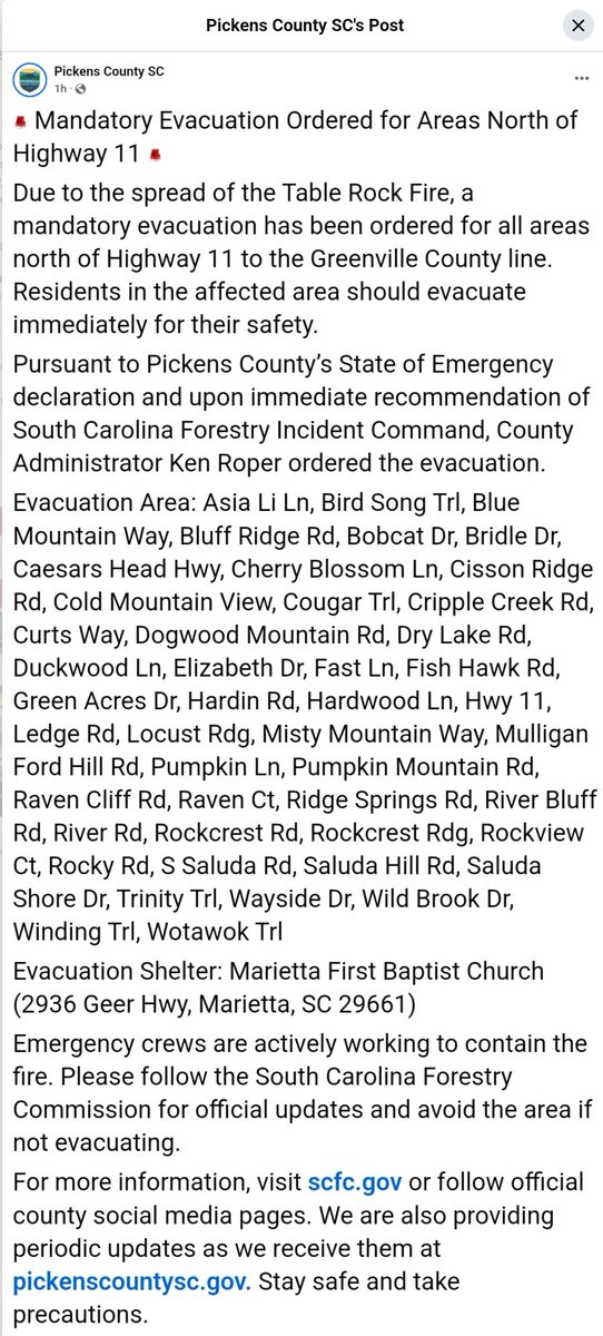 unleashedff295's tweet image. facebook.com/share/1BB4xdVH…
#wildfire #fire #SCFire #GreenvilleSC #PickensSC #evacuation #tablerockfire #persimmonridgefire #tablerock #tablerockcomplex