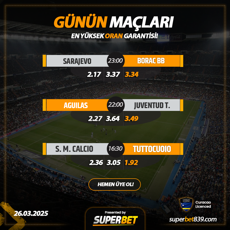 TRSUPERBET's tweet photo. ☄️ #SUPERBET'TEN %20 YATIRIM + %20 KAYIP BONUSU!

⚽️Sarajevo - Borac BB
⚽️Aguilas - Juventud T.
⚽️S.M Calcio - Tuttocuoio

📷#Superbet'te Günlük 5.000.000₺ Çekim İmkanı!
Giriş; (https://t.co/GdKaIAxd9k) https://t.co/LRfLPK4usR