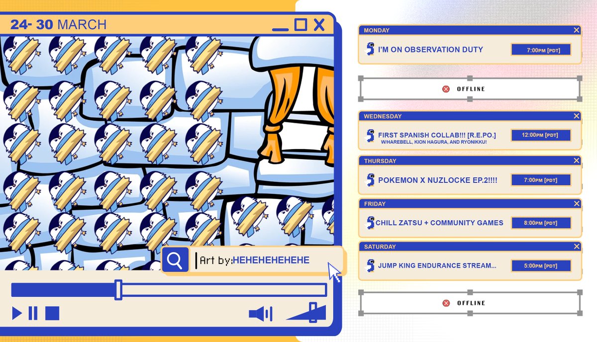 PengieVT's tweet photo. 🧊STREAM SCHEDULE🧊
FIRST SPANISH STREAM?!?!?😳
I'm so excited for this week! It's packed with action, featuring bangers like the R.E.P.O. collab, endurance stream, Pokémon, and more, SO EXCITED💙
Let's have fun this week!💙
🎨: #PengiePalette
🔴: #Pengietime
🐧: #Penglins https://t.co/t1jfmhuEiI