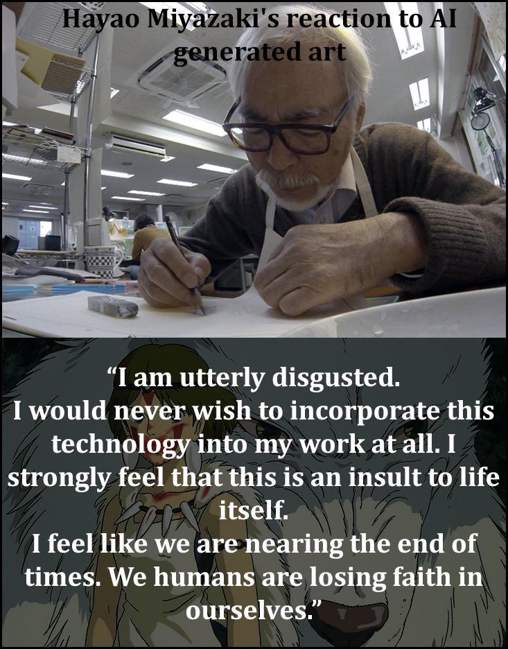 cakesauce's tweet photo. this is what hayao miyazaki’s reaction was to AI generated art. how he must absolutely hate how specifically people use gen AI to mimic ghibli art style. https://t.co/9mnekeQvPB