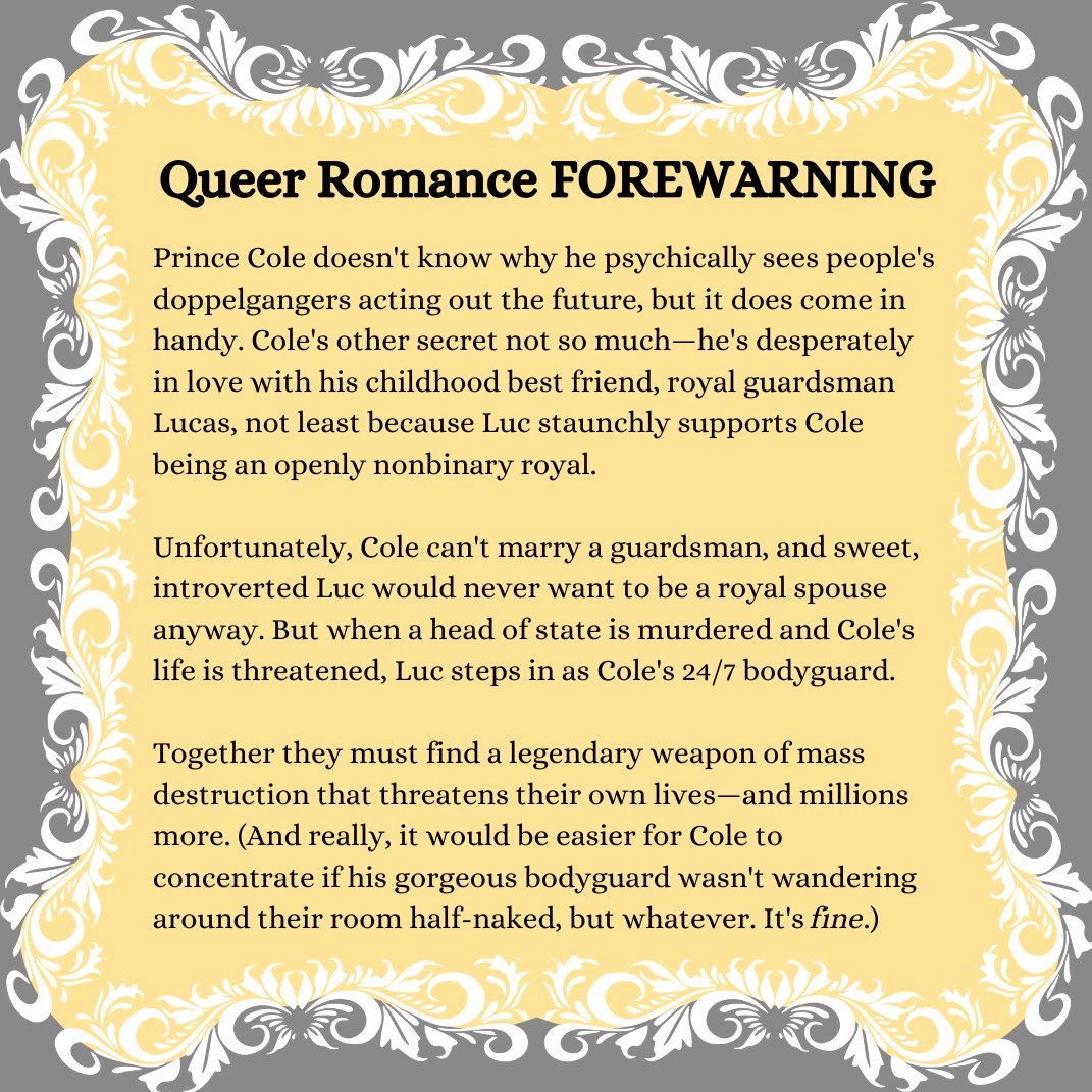 DannyeChase's tweet photo. Y'all I #amquerying my queer romance FOREWARNING! Here's my #agentguide (Wish me luck!)
A psychic nonbinary prince trying to solve a royal murder mystery must hide his romantic feelings when his guardsman best friend (& forbidden secret crush) becomes his bodyguard.
#DannyeWrites https://t.co/IOEJmHSKRH
