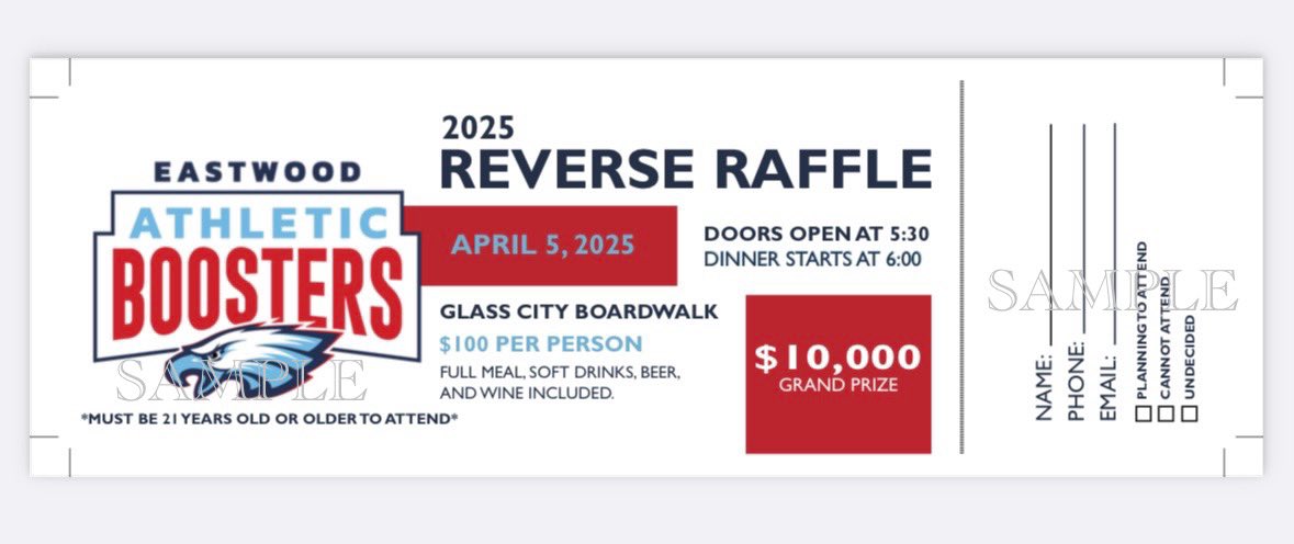 It’s almost time for the Eastwood Athletic Booster’s 3rd annual Reverse Raffle! Grab your chance to win $10,000. You don’t need to be present to win but we would love for you to join us in a night of fun that goes to helping all Eastwood Athletes.