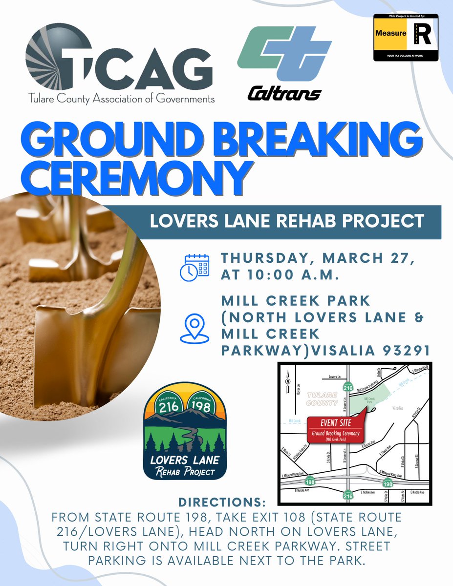 🚧CALTRANS TO BREAK GROUND ON STATE ROUTE 216 LOVERS LANE REHAB PROJECT! 🚧
📅 When: Thursday, March 27, 2025, at 10:00 AM
📍 Where: Mill Creek Park, Visalia
🎤 Speakers: Local officials &amp; transportation leaders.