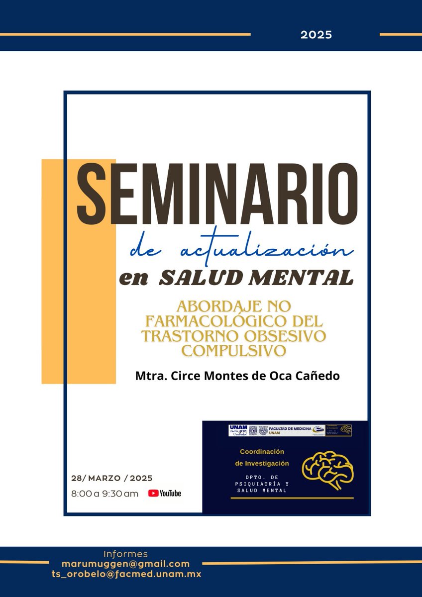 FacMedicinaUNAM's tweet image. 🔍 ¿Interesado en salud mental?🧠
📅 Únete al seminario sobre el Abordaje no farmacológico del Trastorno Obsesivo Compulsivo
🗓️ 28 de marzo
📩 Informes: marumuggen@gmail.com
ts_orobelo@facmed.unam.mx
@PsiquiatriaUNAM
#SaludMental #TOC #ComunidadUNAM