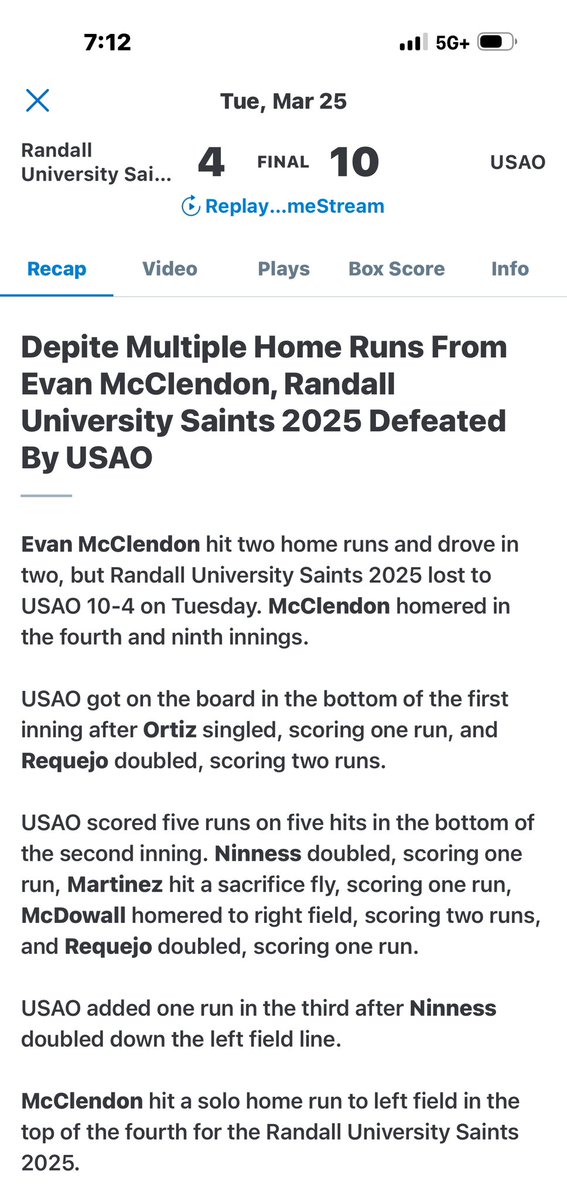 Curtis McClendon (@curtmack) on Twitter photo Great outing for <a href="/EvanBigballer/">Evan McClendon</a>
2 home runs vs USAO today, but not enough for the Randall Boys to pull out the win! Great outing for <a href="/EvanBigballer/">Evan McClendon</a>
2 home runs vs USAO today, but not enough for the Randall Boys to pull out the win!