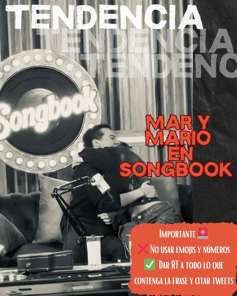 T E N D E N C I A
PRIMER HILO

Iniciamos tendencia ¡Ajuaa! 🤠🤠🤠

Frase: MAR Y MARIO EN SONGBOOK

META: 3000 Comentarios
RT: Ilimitados

Dirígete a la cuenta de @aysiaysilara una vez que cumplamos la meta aquí.

RECUERDA…
❌NO usar números, NO usar emojis
✅Dar RT a todo lo que